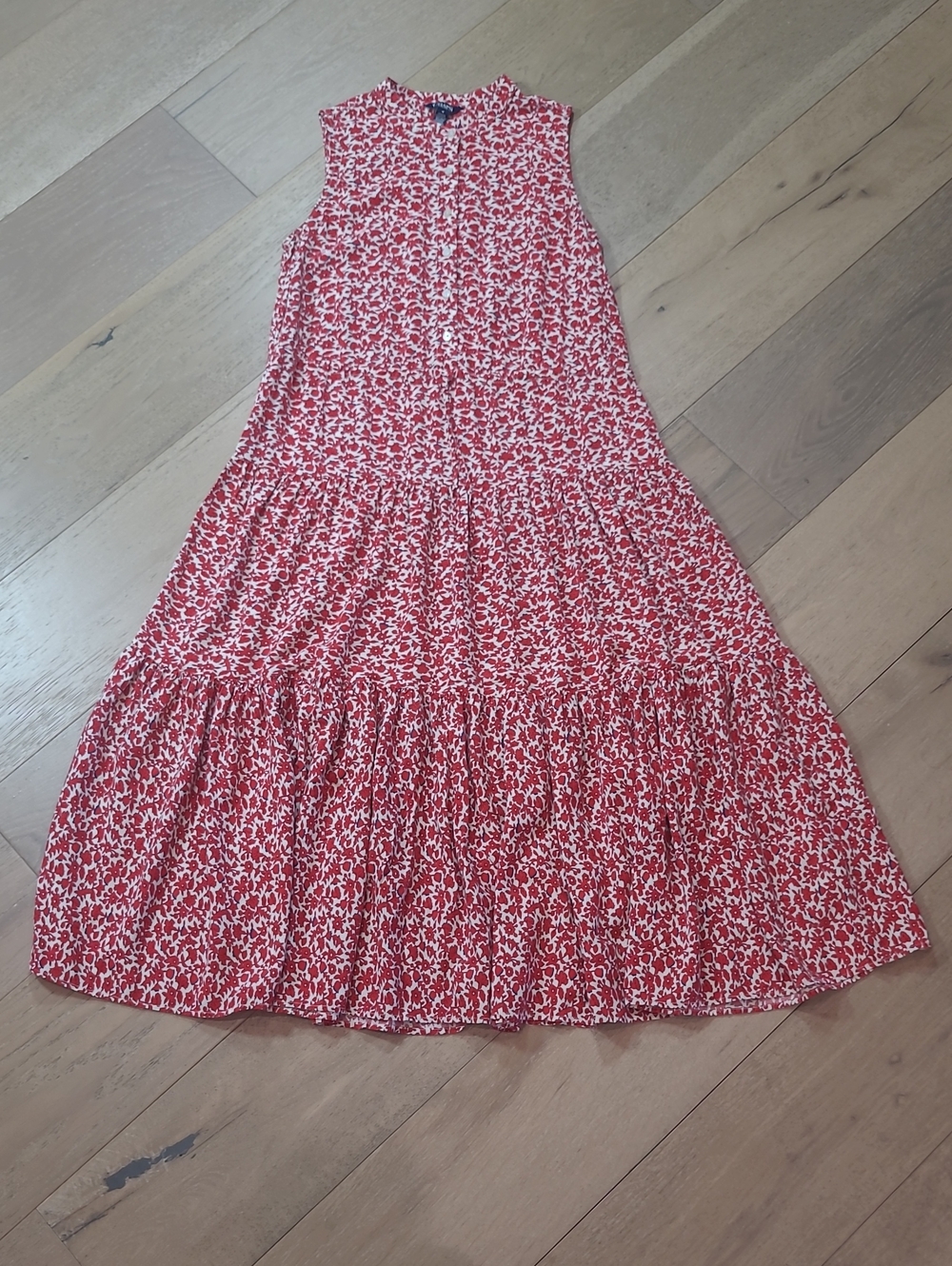 EUC Chaps Red Floral Dress Women's sz M Sleeveless Cottage Tiered Dress